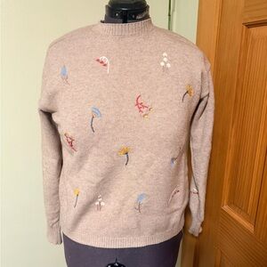 Charlie B Embroidered Floral Tan Crewneck Sweater